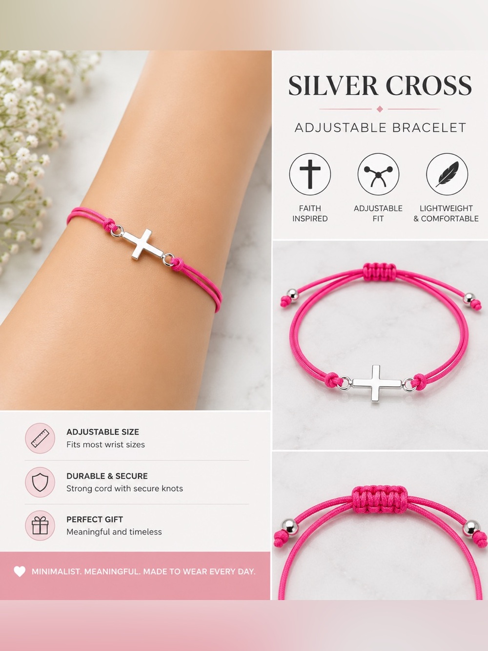 Silver Cross Pink Adjustable Cord Bracelet